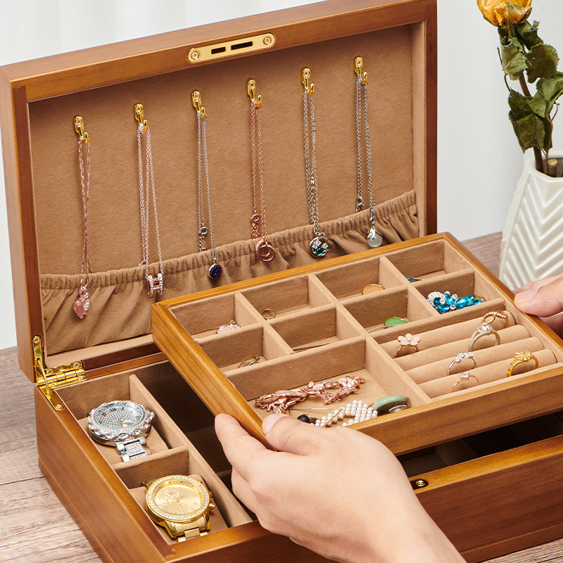 New Arrival Double Layer Solid Wood Lockable Ring Bracelet Necklace Earring Watch Jewelry Organizer Storage Box With Lock