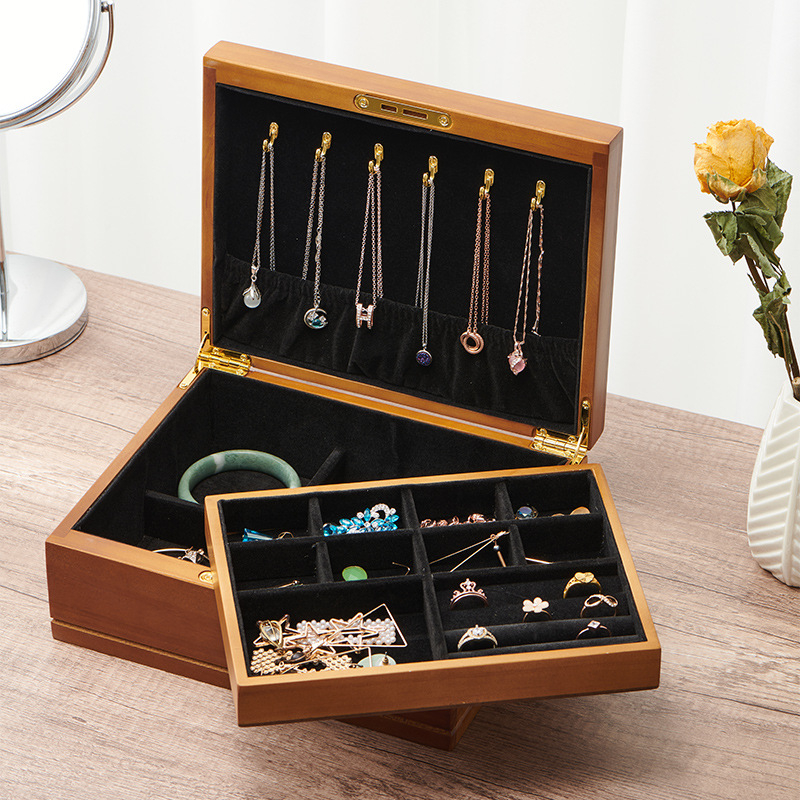 New Arrival Double Layer Solid Wood Lockable Ring Bracelet Necklace Earring Watch Jewelry Organizer Storage Box With Lock