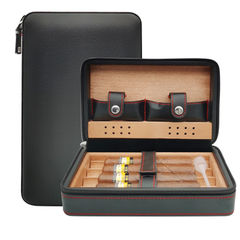 Custom Portable Travel Leather Humidor Cigar Case Bag Humidor Cedar Wood Gift Box For 4 Cigars