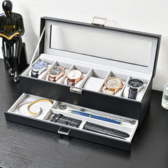 Luxury OEM Double Layer 6 Slot Leather Watch Display Organizer Case Men Watch Jewelry Holder Storage Box with Drawer