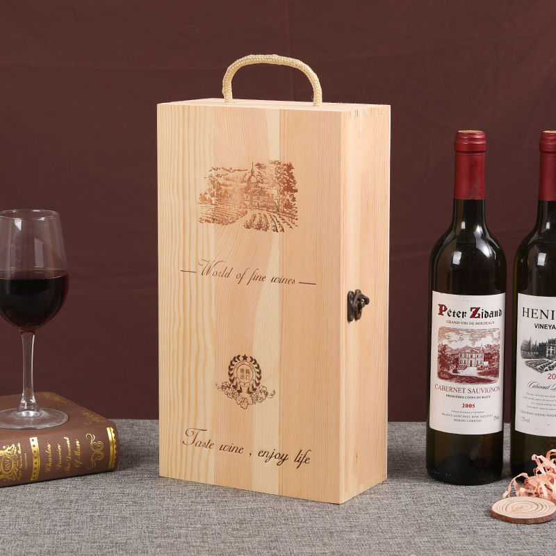 Luxury Custom Logo Wood Wine Bottle Packaging Box Wooden Wine Gift Storage Box with Handle And Foam Insert