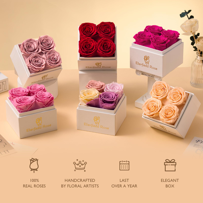 Custom Rigid Cardboard Square Luxury Hat Dried Rose Flower Bouquet Packaging Gift Box With Clear Lid