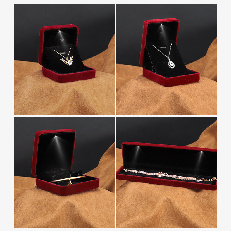 Luxury Dark Red Wedding Ring Velvet Box Jewelry Packaging Necklace Box Led Ring Packaging Jewelry Storage Box with LED Light