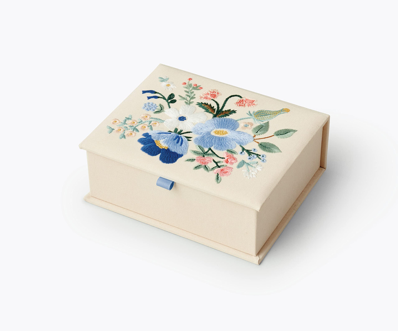 New Arrival Garden Party Blue Medium Embroidered Keepsake Magnetic Closure Foldable Gift Packaging Box