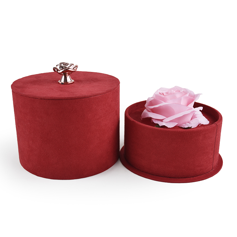 New Arrival! Suede Cylinder Flower Box with Gold Plated Metal Rose Decoration Handle Grip
