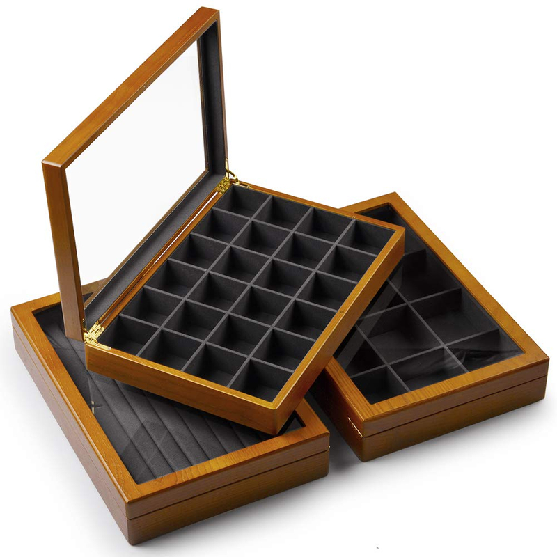 Vintage Solid Wood Jewelry Box Microfiber Lining Earrings Necklace Storage Jewelry Drawer Organizer Tray with Glass Top Lid