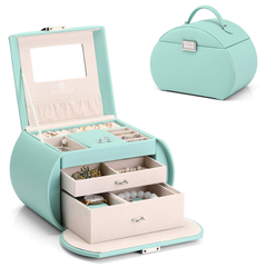 Light Green Leather Jewelry Box Lockable Necklace Earrings Rings Storage Case with Mirror And Storage Drawers