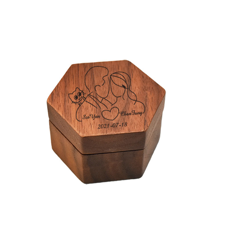 Luxury Custom Logo Walnut Wooden Hexagon Wedding Jewelry Ring Box With Magnet Clasp