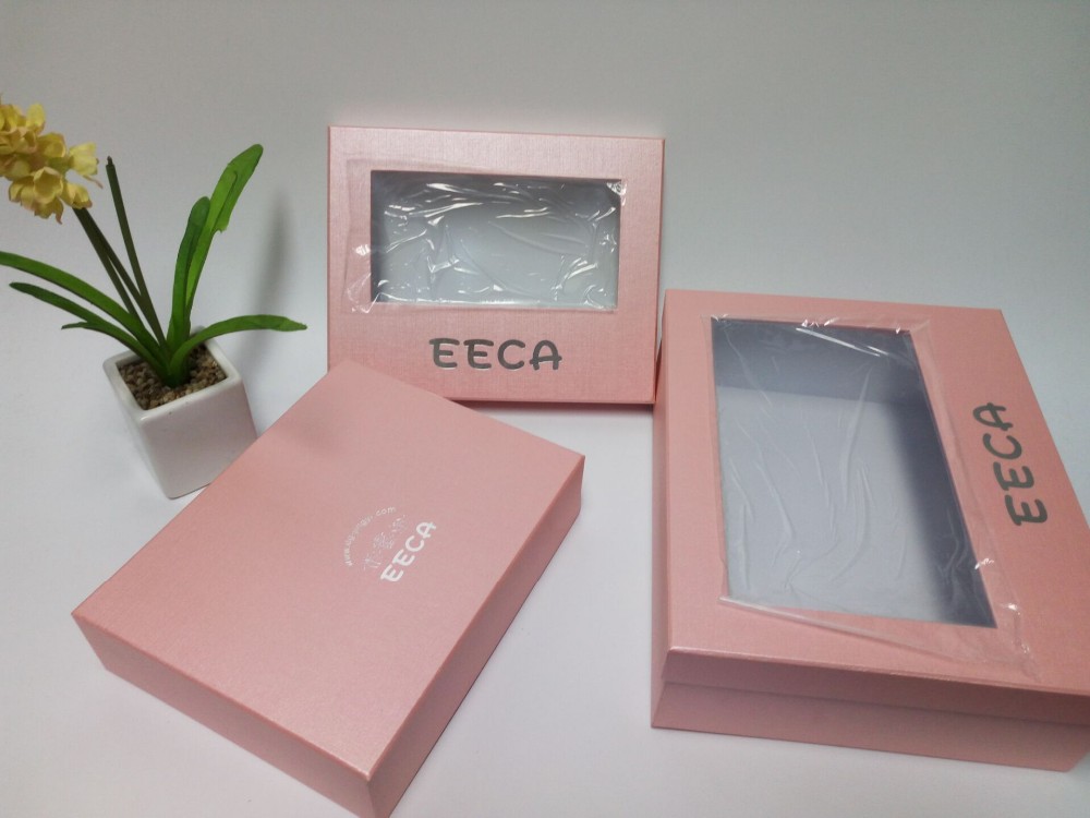 Transparent window box Pink color special paper handmade PVC packaging box with PVC window