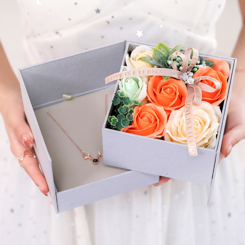 Ins Style Birthday Creative Lipstick Necklace Rose Flower Double Layer Rotating Jewelry Box Soap Flower Gift Packaging Box