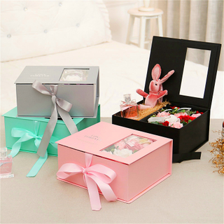 Luxury Magnetic Closure Foldable Paper Soap Rose Flower Necklace Gift Packaging Box with Clear Window And Custom Logo for Valentine's Day