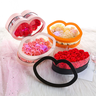 New Arrival Custom Gold Logo Paper Lip Shape Valentine's Day Preserved Rose Flower Bouquet Packaging Box with Clear Window