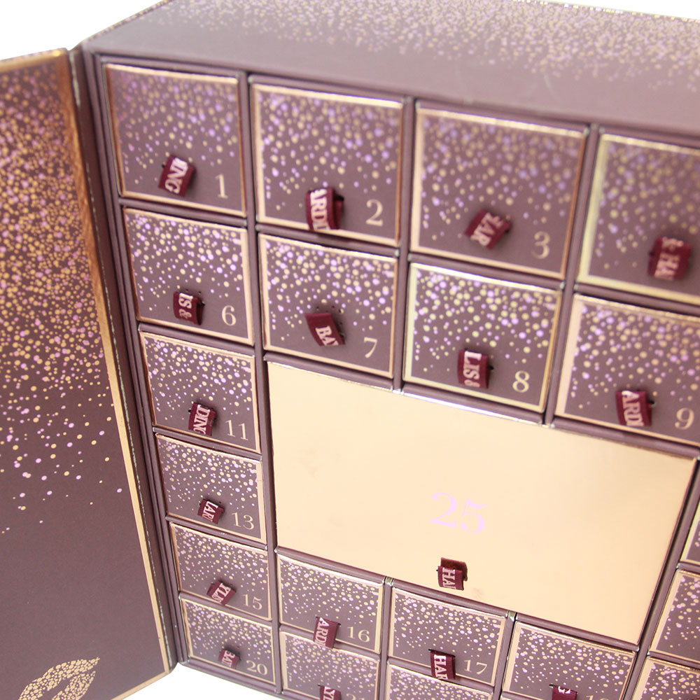 Custom Design Christmas Advent Calendar Paper Cardboard Cosmetic Candle Chocolate Gift Packaging Box with 24 Drawers