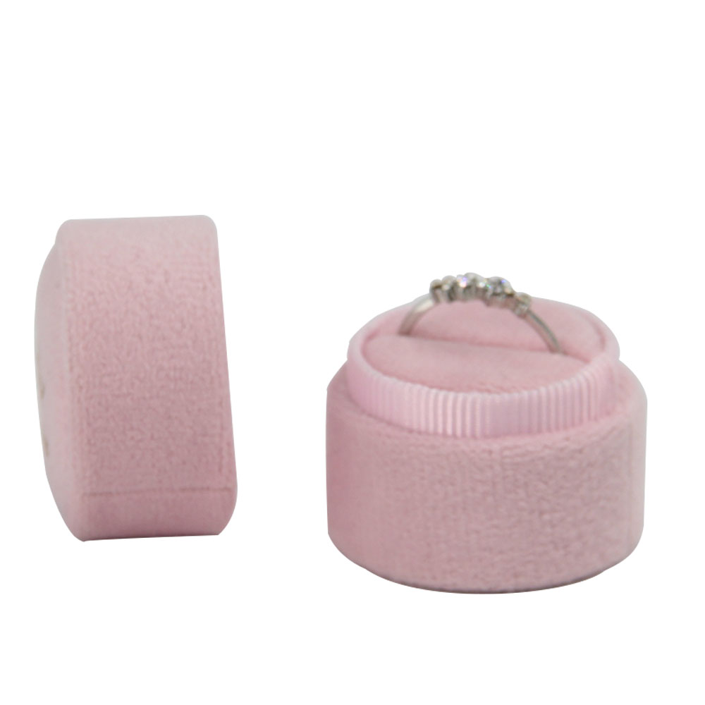Custom Logo Pink Velvet Round Shape Wedding Ring Jewelry Packaging Gift Box with Foam Insert