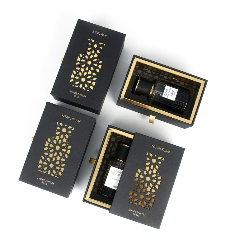 High Quality Printing Black Kraft Paper Perfume Cosmetic Box Custom Design Paper Empty Drawer Style Perfume Bottle Packaging Box