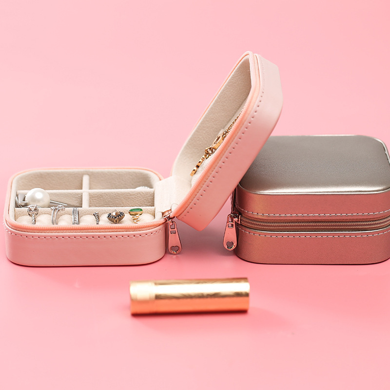 Wholesale Custom Portable Zipper Mirror Mini Small Storage Boxes Organizer Case Velvet Pu Leather Travel Jewelry Box with Logo