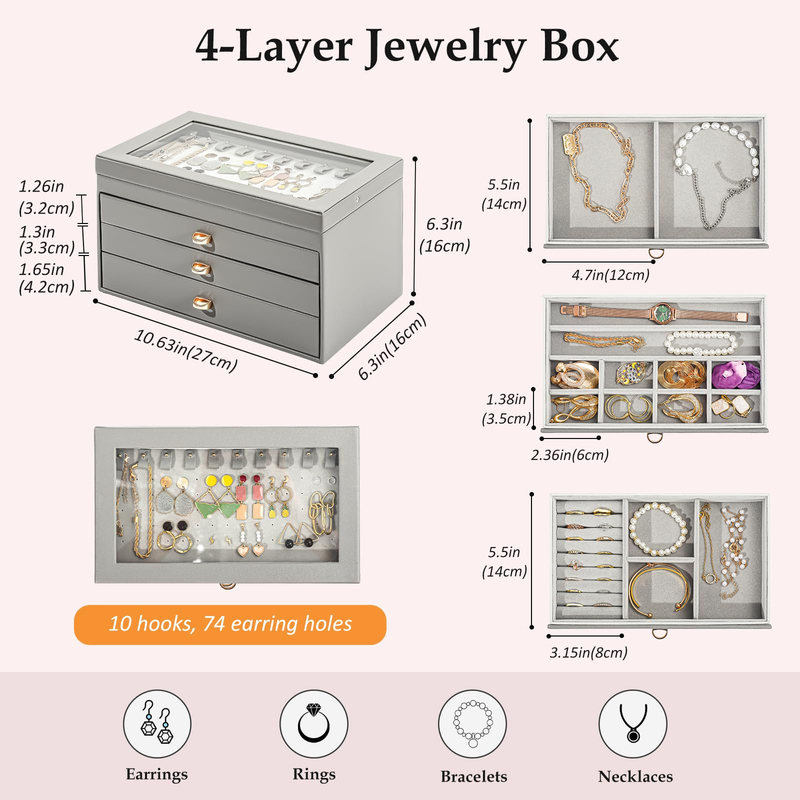 Custom Multi Layer Pu Leather Travel Jewellery Organizer Storage Case Portable Large Drawer Jewelry Organizer Box