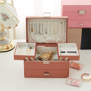 Three-layer Pu Leather Jewelry Organize Box Large Capacity Portable Earrings Rings Necklace Storage Case