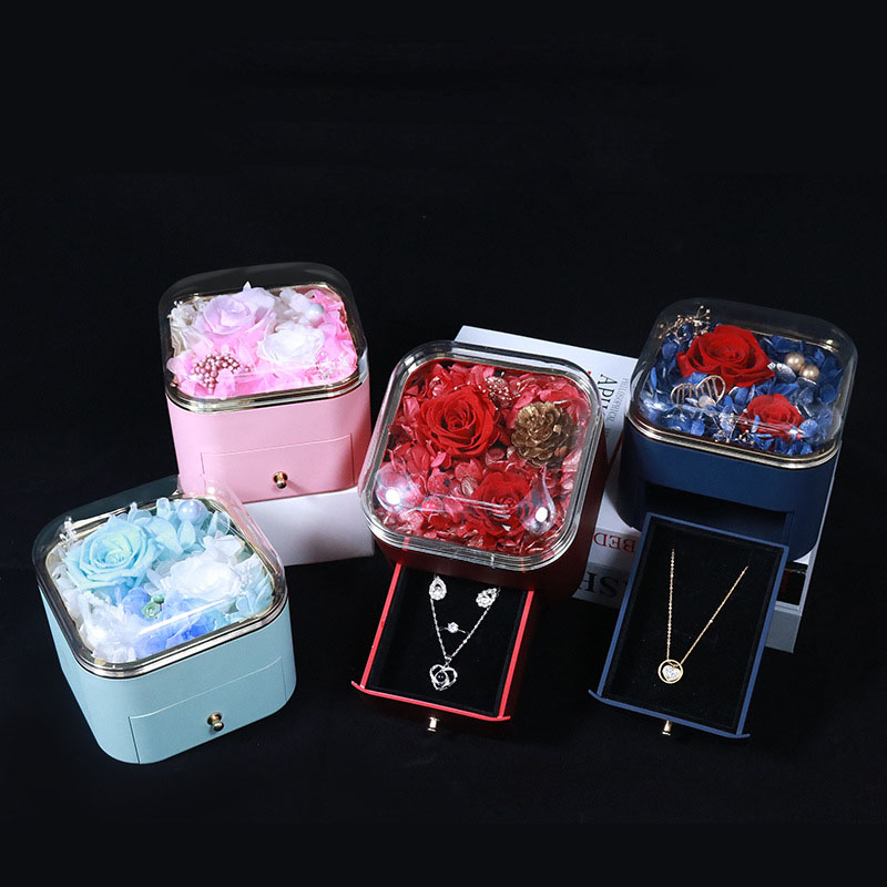 Custom Logo Square Acrylic Eternal Rose Flower Jewelry Wedding Birthday Bridesmaid Gift Packaging Box with Clear Lid