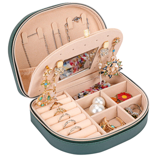 PU Leather Zipper Ring Holder Box Mini Jewelry Organizer Travel Jewelry Case Box with Mirror