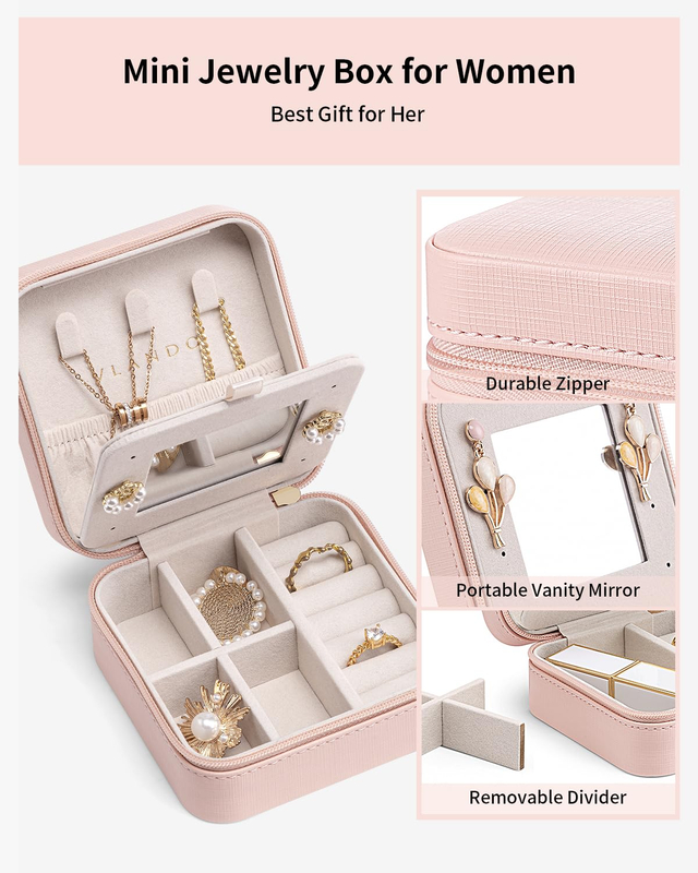 New Arrival PU Leather Joyero Pink Mini Portable Jewellery Necklace Earring Gift Case With Mirror Travel Jewelry Box Organizer