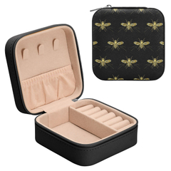 Luxury Lady PU Leather Embroidered Gold Bee Travel Earring Ring Jewelry Storage Organizer Box With Zipper