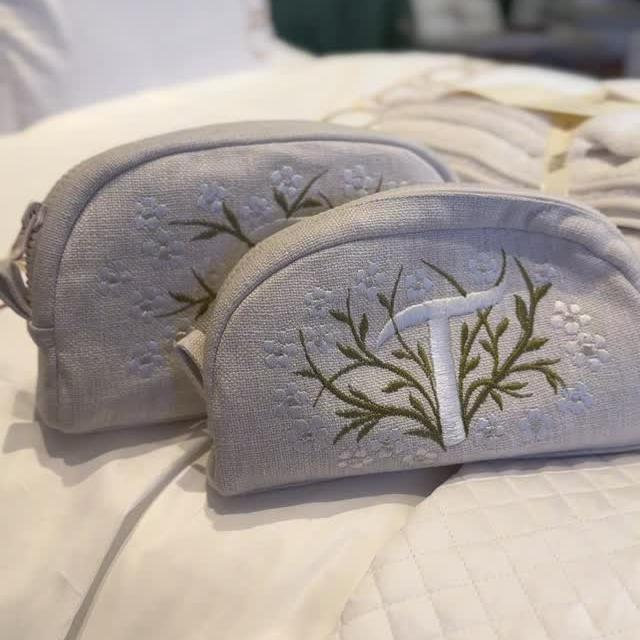 Embroidered Linen Makeup Cosmetic Bag