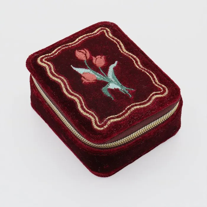 Vintage Velvet Jewelry Box Embroidered Double Ring Earring Jewelry Packaging Organizer Boxes with Bag for Necklace