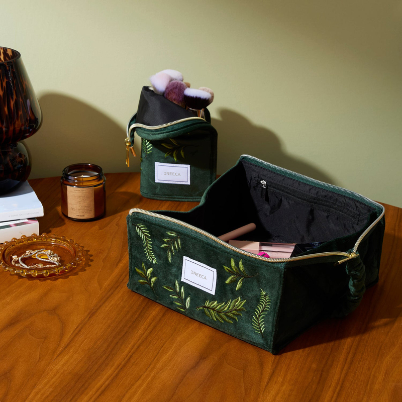 Green Leaves Embroidered Velvet Makeup Brush Bag Case Girls Portable Travel Lipstick Set Gift Makeup Cosmetic Storage Bag