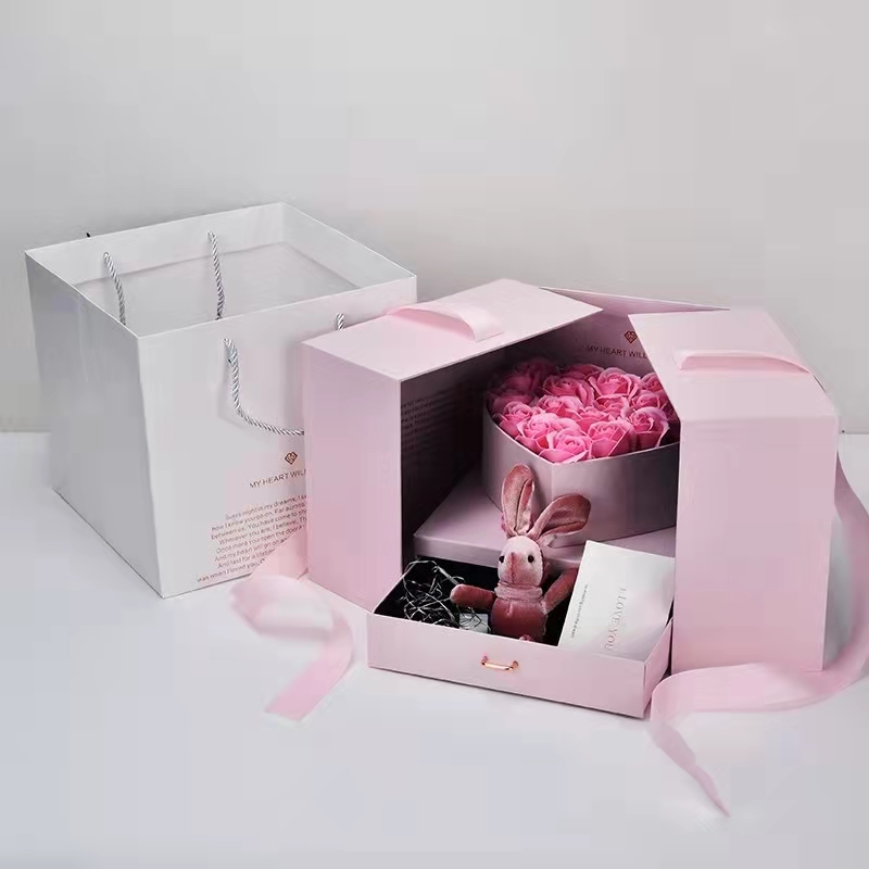 Magic Cube Double Drawer Paper Jewelry Rose Flower Bouquet Gift Packaging Box for Valentine's Day Birthday Gift