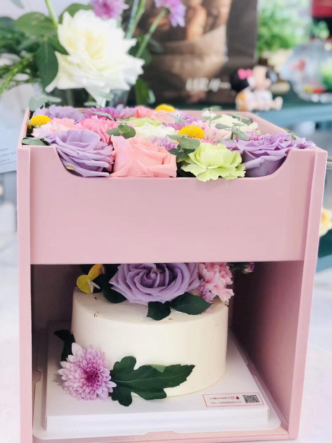 Custom Double Layer Paper Cardboard Surprise Portable Rose Flower Birthday Cake Gift Packaging Box