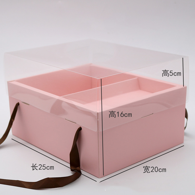 Portable Transparent Acrylic Cover Paper Cardboard Square Flower Gift Packaging Box for Florist with Ribbon Handle 