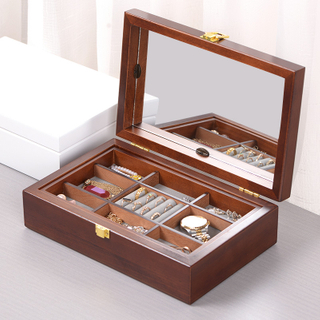 Solid Wood Double Layer with Mirror Hook Jewelry Box, European Princess Jewelry Earrings Ring Box