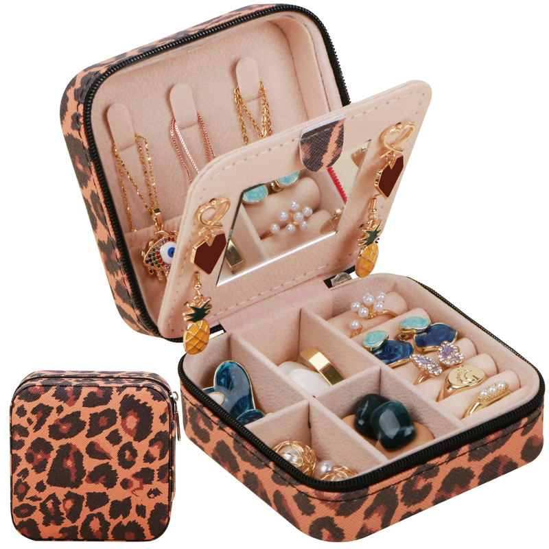 Factory Customized Hot Sale PU Leather Multicolor Travel Jewelry Organizer Case Zipper Jewelry Storage Box with Mirror