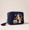 Navy Velvet Cosmetic Bag Embroidery Animal Prints Makeup Bag Pouch Tassels Zipper Travel Toiletry Organizer Bag Handbag