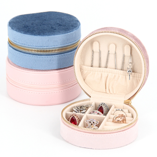 Personalized Custom Logo Ring Earring Pendant Packaging Organizer Case Small Travel Zipper Round Pink Velvet Round Jewelry Box