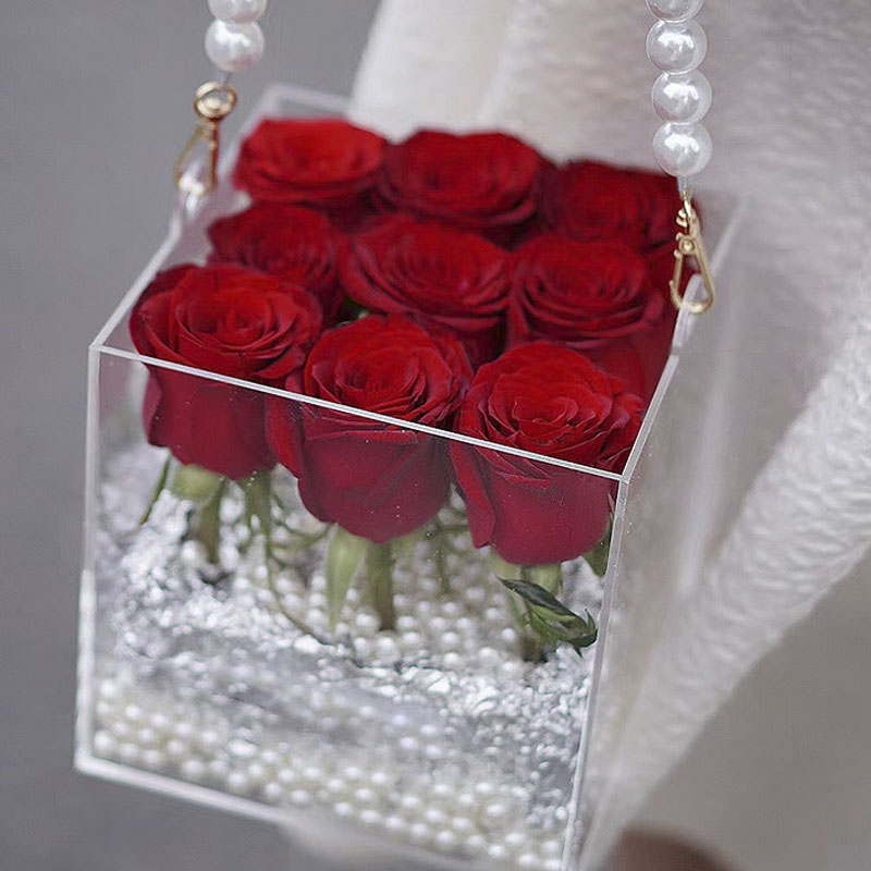 Wholesale Customized Luxury Transparent Acrylic Flower Box For 16 Roses With Pearl Handle