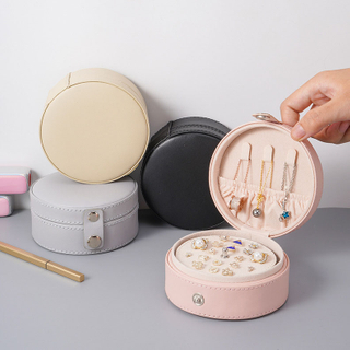 Round Travel Jewelry Box Women Ladies PU Jewelry Storage Organizer Necklace Earrings Rings Display Box