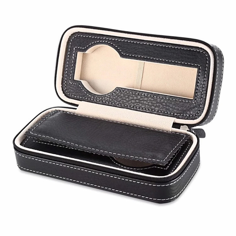 Luxury 2 Grids PU Leather Travel Watch Storage Case Small Zipper Wrist Watch Organizer Box