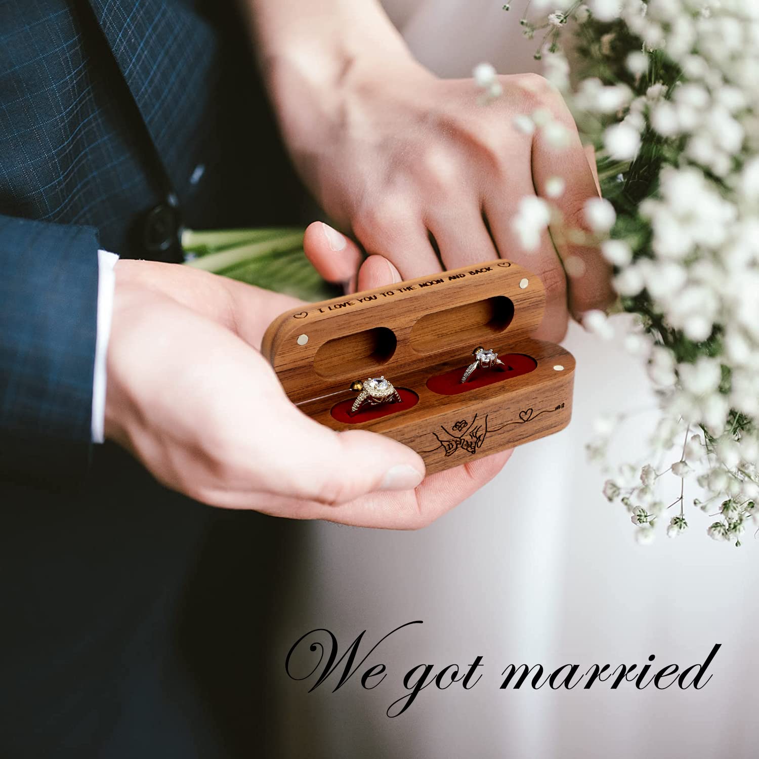 Engagement Proposal Wedding Ceremony Wood Double Ring Holder Bearer Box Wooden Wedding Ring Gift Box