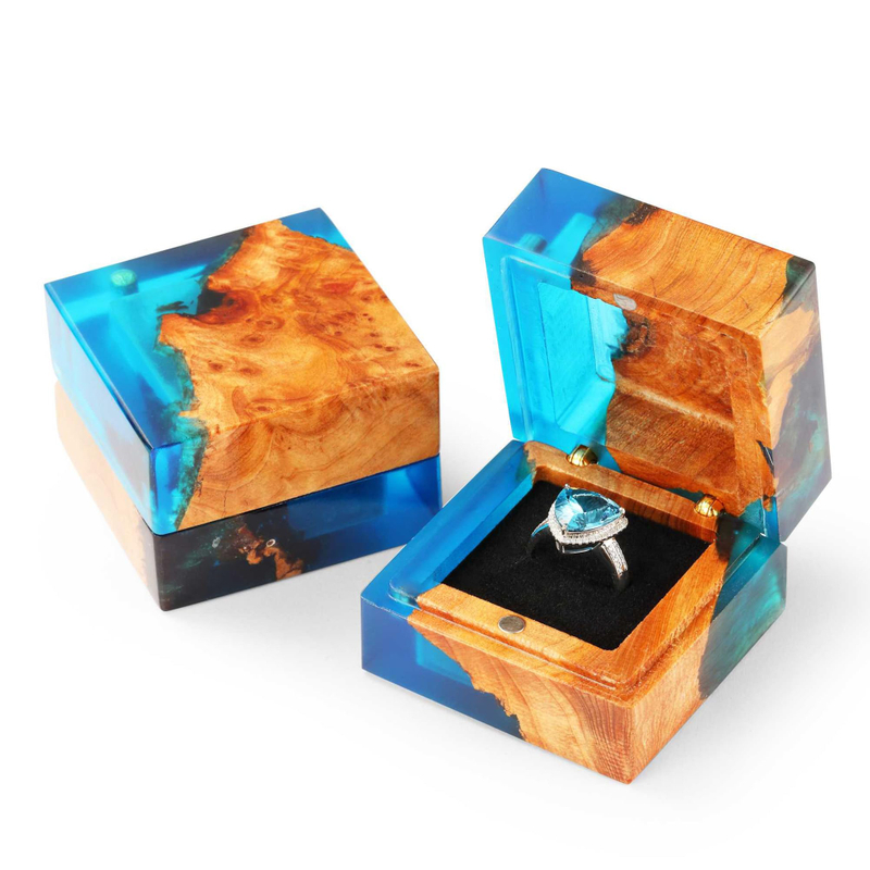 Unfinished Wooden Jewelry Box Bulk Treasure Wood Box Dark Wedding Wooden Ring Box With Epoxy Resin Ring Holder