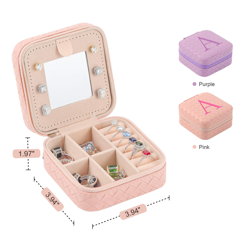 Alphabet Jewelry Box with Mirror A-Z Letter Jewelry Box Organizer Case Square Velvet Pu Leather Travel Jewelry Box with Logo