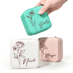 Wholesale Custom Flower Printed Brand Logo PU Leather Portable Travel Jewelry Organizer Box with Zipper