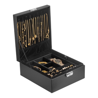 Wholesale PU Leather 2 Layers Jewelry Organizer Case Suede Ring Earrings Necklace Jewelry Watch Display Box with Metal Lock