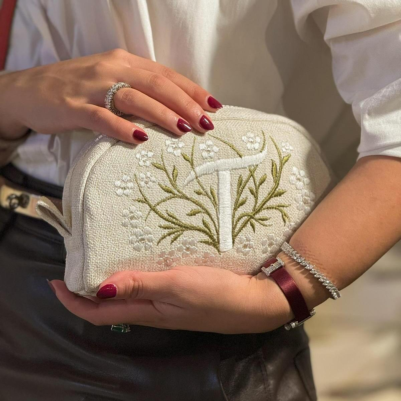 Embroidered Linen Makeup Cosmetic Bag