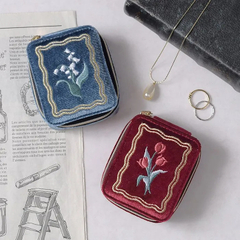 Vintage Velvet Jewelry Box Embroidered Double Ring Earring Jewelry Packaging Organizer Boxes with Bag for Necklace