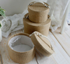 Handmade Natural Jute Burlap Storage Basket Portable Packaging Paper Box with White Handle Round Storage Decoration Box