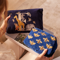 Navy Velvet Cosmetic Bag Embroidery Zipper Travel Toiletry Organizer Bag Handbag