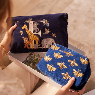 Navy Velvet Cosmetic Bag Embroidery Zipper Travel Toiletry Organizer Bag Handbag