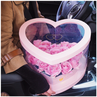 Luxury Custom Logo Clear Transparent Plastic Big Heart Shape Set Flower Gift Packaging Box with Ribbon Handle Wholesale